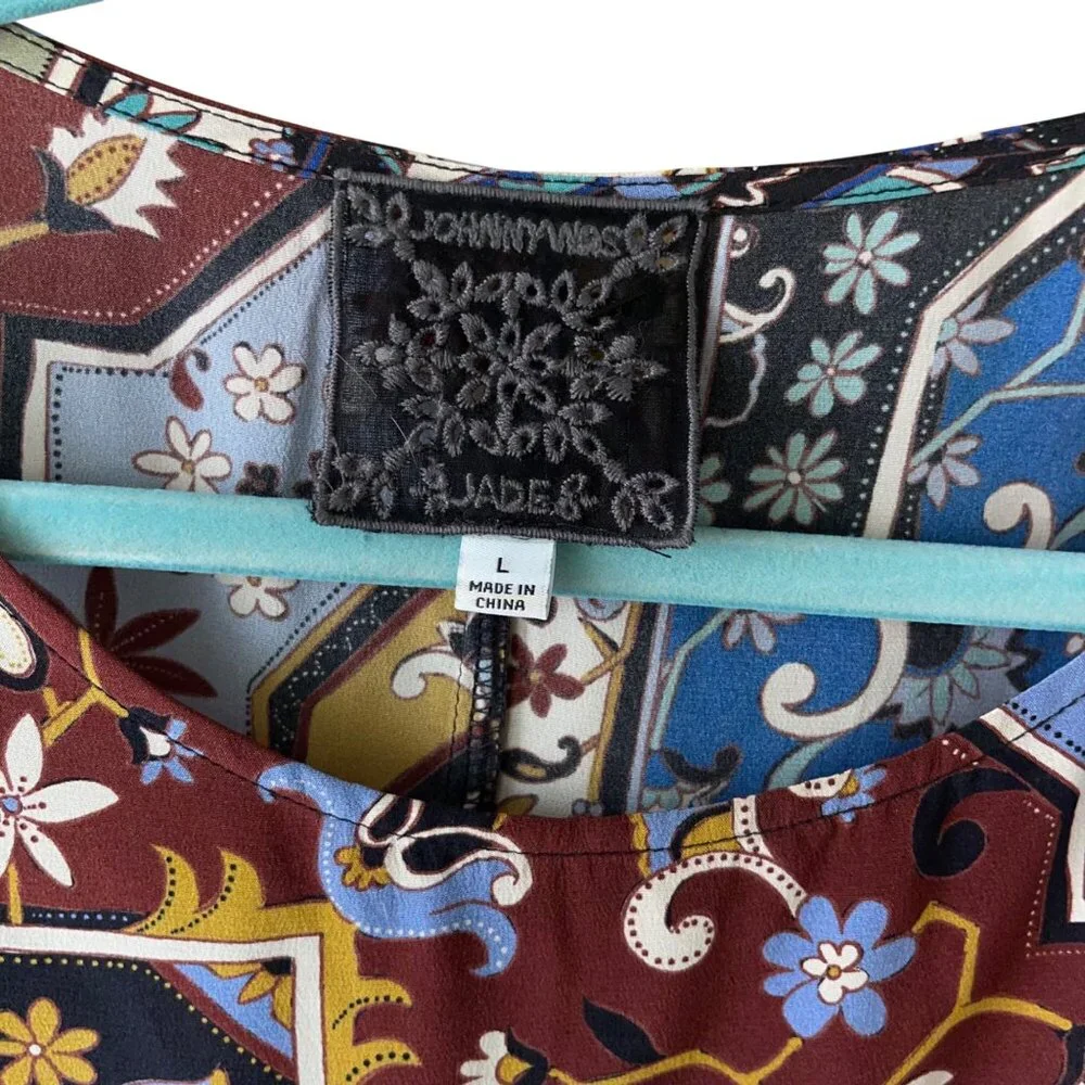 Johnny Was Womens Size L Multicolor Boho Round Kimono Sleeve Silk Caftan Blouse - Picture 5 of 11